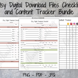 Può includere: Un elenco di controllo e un tracker stampabili per i file di download digitale Etsy. L'elenco di controllo include sezioni per bundle e elenchi singoli, con spazio per tenere traccia di foto, file e note. Il tracker include una griglia per tenere traccia del contenuto dei social media.