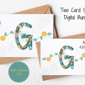Può includere: Due modelli di biglietti digitali stampabili con la lettera G decorata con elementi floreali in tonalità di verde, giallo e rosa. I biglietti sono disponibili in due dimensioni: A7 (5x7 pollici) e A2 (4,25x5,5 pollici).
