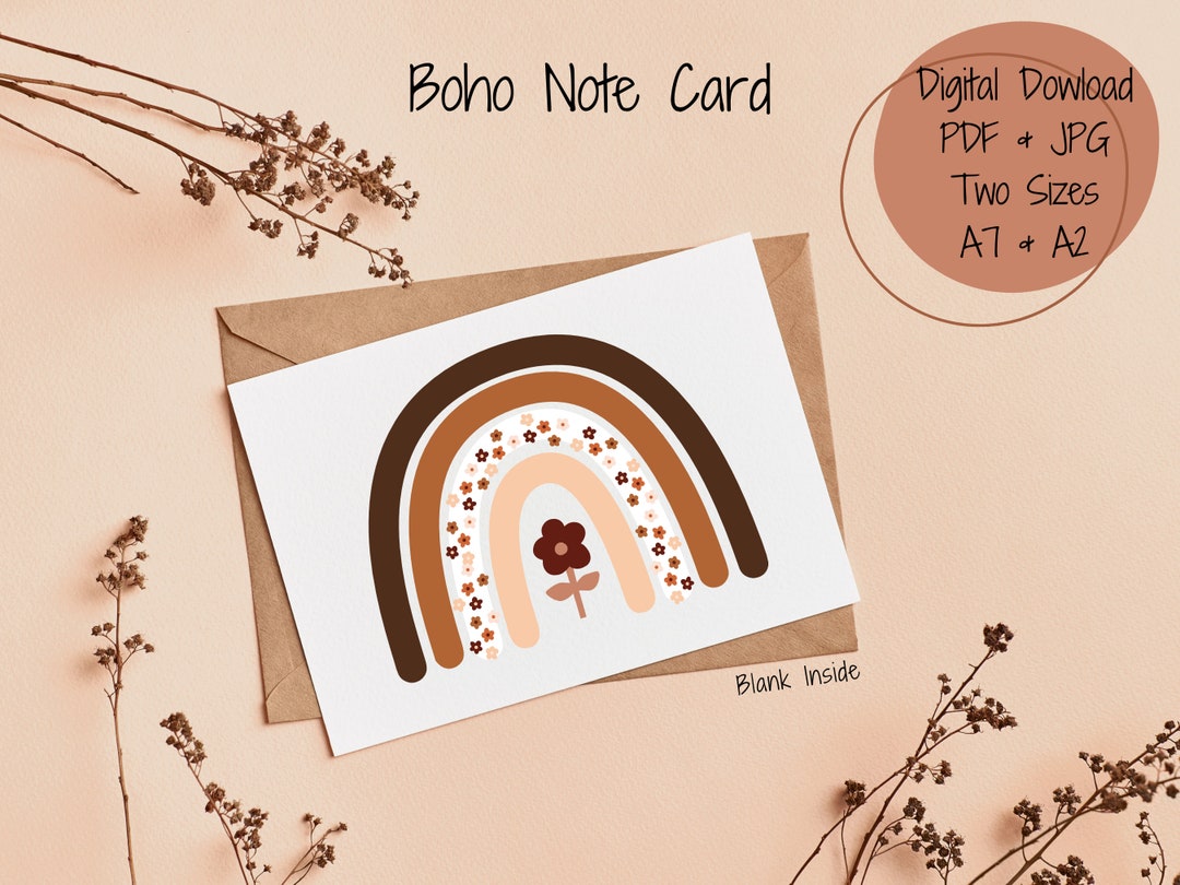 Boho Note Card, Boho Rainbow Blank Note Card, Printable Boho Note Card ...