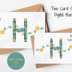May include: Two printable digital card designs featuring the letter H decorated with floral elements in shades of green, yellow, and pink. The cards are available in two sizes: A7 (5x7 inches) and A2 (4.25x5.5 inches).