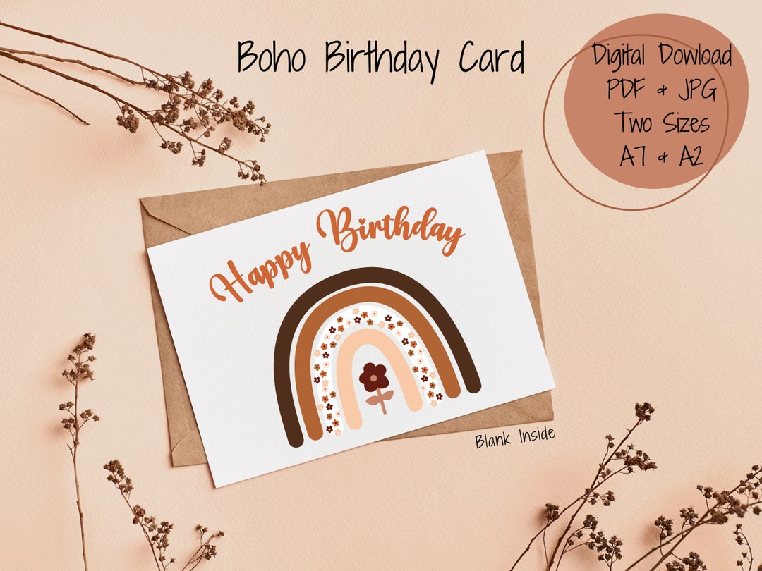 Boho Birthday Card, Boho Rainbow Blank Birthday Card, Printable Boho