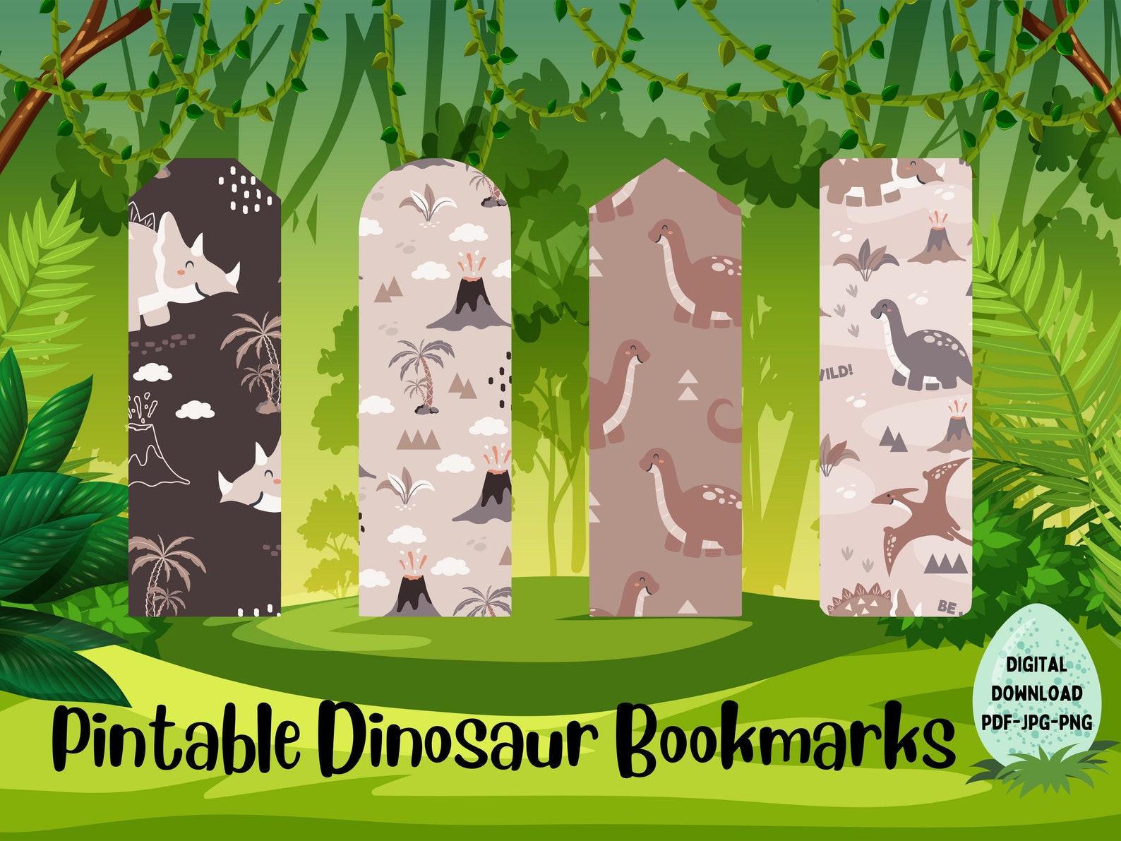 Printable Bookmarks for Kids, Dinosaur Printable Bookmarks, 2x6