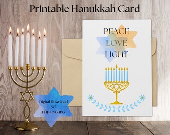 Tarjeta imprimible de Janucá: Paz, Amor, Luz (PDF, JPG, PNG)