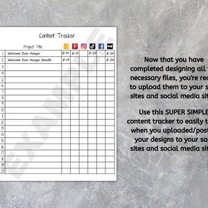 May include: A black and white content tracker with a grid for listing project titles, dates, and social media platforms. The text "Content Tracker" is at the top of the grid. The text "Project Title" is at the top of the first column. The text "FPOJ" is at the top of the second column. The text "Now that you have completed designing all the necessary files, you're ready to upload them to your sale sites and social media sites. Use this SUPER SIMPLE content tracker to easily track when you uploaded/posted your designs to your sale sites and social media sites." is below the grid.