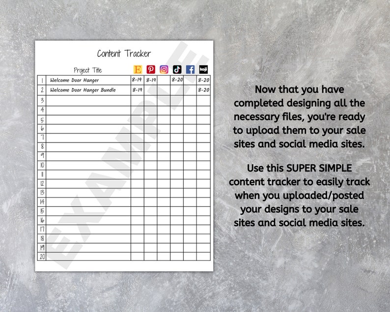 May include: A black and white content tracker with a grid for listing project titles, dates, and social media platforms. The text "Content Tracker" is at the top of the grid. The text "Project Title" is at the top of the first column. The text "FPOJ" is at the top of the second column. The text "Now that you have completed designing all the necessary files, you're ready to upload them to your sale sites and social media sites. Use this SUPER SIMPLE content tracker to easily track when you uploaded/posted your designs to your sale sites and social media sites." is below the grid.