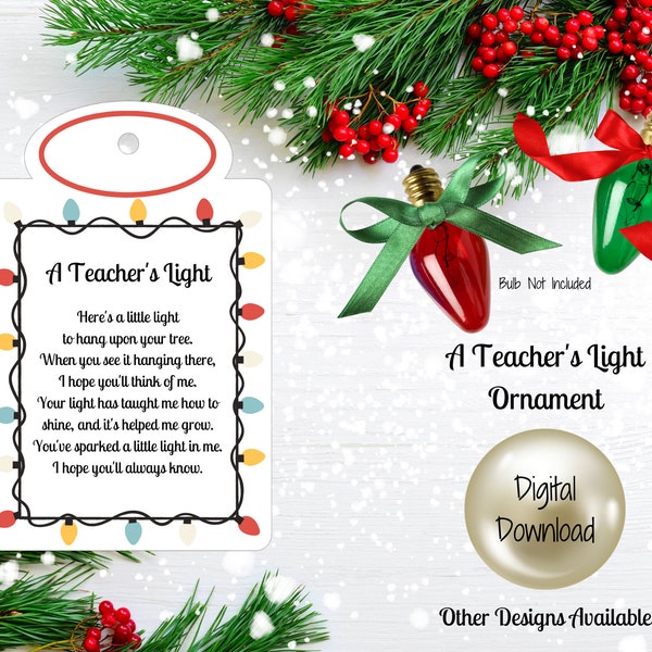 A Teacher's Light Christmas Ornament, Print and Cut Teacher Gift, Print at Home Teacher Gift, Gift for Teachers, Printable Teachers Gift