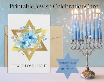 Tarjeta de Janucá imprimible: Estrella de David floral (PDF, JPG, PNG)