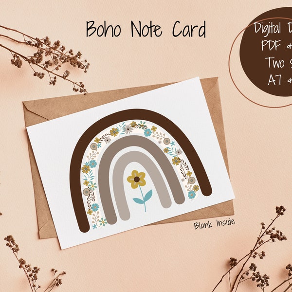 Boho Note Card, Boho Rainbow Blank Note Card, Printable Boho Note Card