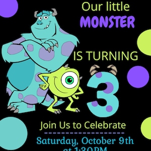 Monsters Age 3 Editable Birthday Invitation, Monsters Ink Party Invitation, Monsters Theme Party Supplies, Blue and Green Hairy Monsters