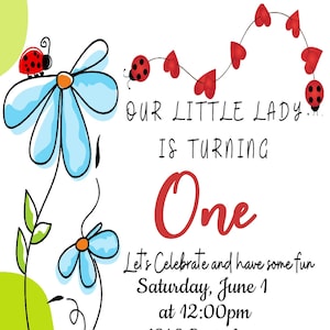 Invitación de cumpleaños de un año de mariquita editable, invitación de fiesta de Corjl de mariquita DIY, invitación personalizada de un año de la pequeña dama, cumpleaños de mariquita