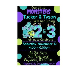 Monsters Age 2 & 3 Year Old Birthday Party Digital Invitation, Editable Monsters Double Party Announcement Age 2 and 3, Age NOT Editable