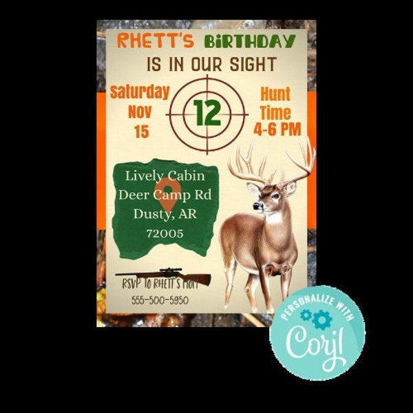 Editable Deer Hunting Birthday Invitation, In Sight Birthday Invitation, Little Deer Hunter Downloadable Birthday Invitation, Hunter Party