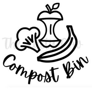 May include: Black and white line drawing of a compost bin with an apple core, banana, and broccoli. The text "Compost Bin" is written below the image.