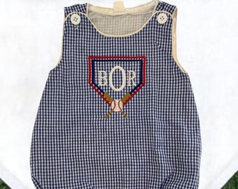 Monogrammed Baseball Romper, Embroidered Gingham Outfit