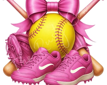Pink Softball Clipart with Bats Glove Cleats & Bow, Pink Girl Sports PNG, Softball Sublimation Design, Team Spirit Graphic Download