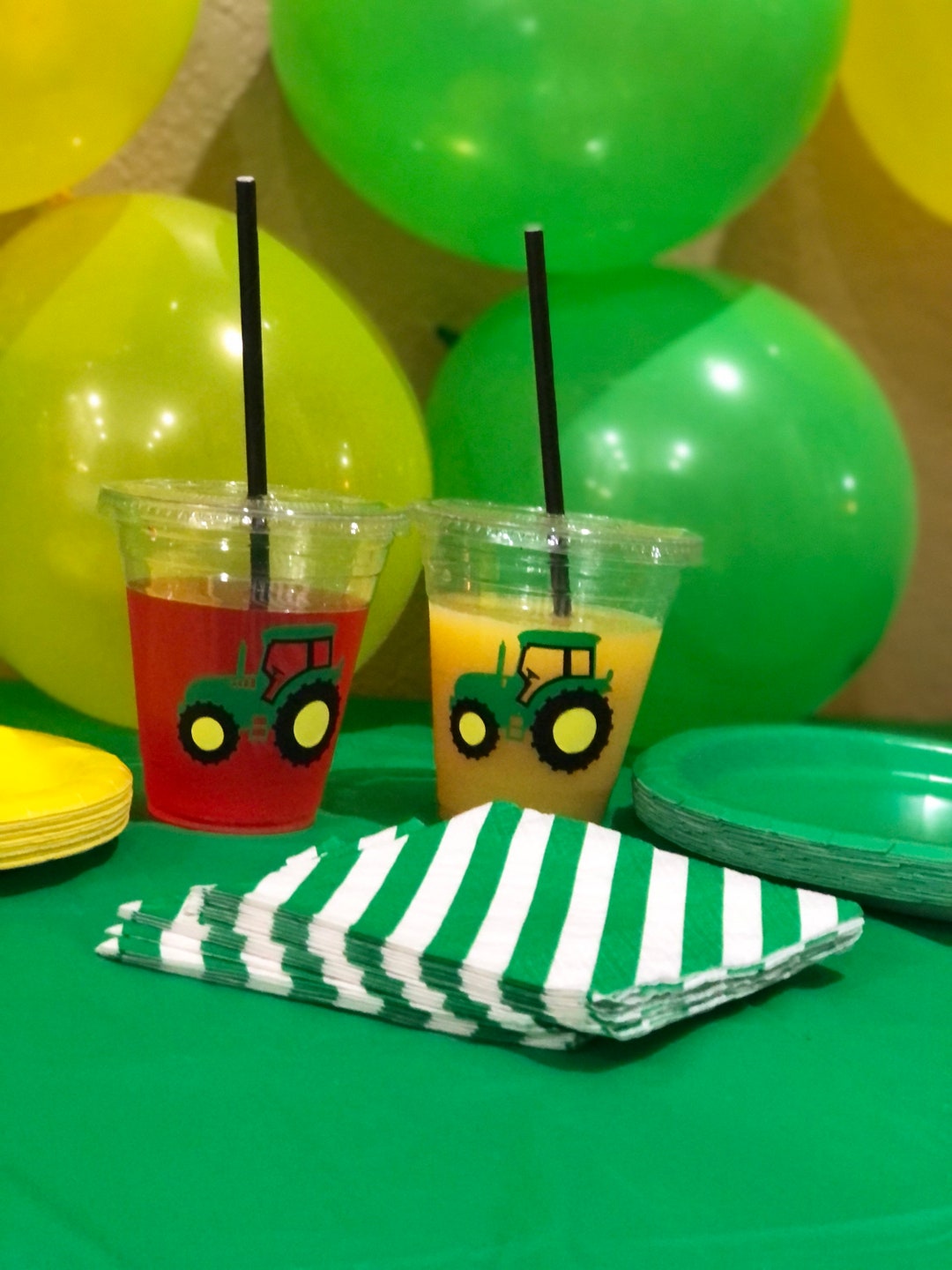 Green Tractor Party Cups With Lids and Straw, Farm Theme Disposable Child Cups, Kids Green