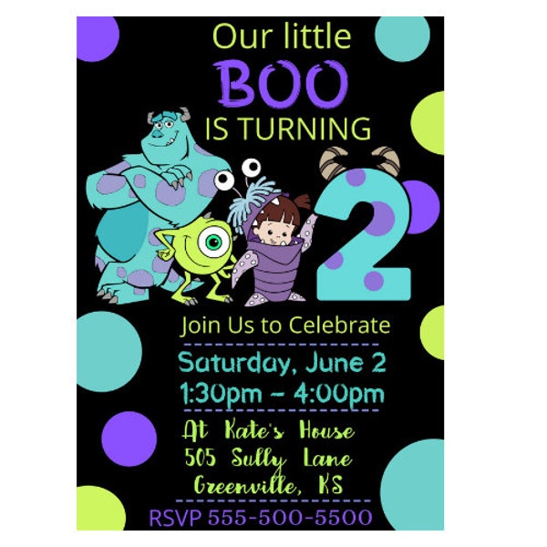 Monsters Little Boo Is Turning Two Editable Birthday Invitation, Monsters Polka Dot Digital Party Invitation, DIY Boo 2 Monsters Invitation