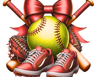 Softball Clipart with Bats, Glove, Cleats & Metallic Red Bow, Girl Sports PNG, Softball Sublimation Design, Team Spirit Graphic