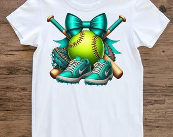 Softball Clipart with Bats, Glove, Cleats & Bow in Teal, Girl Sports PNG, Softball Sublimation Design, Team Spirit Graphic, Instant Download