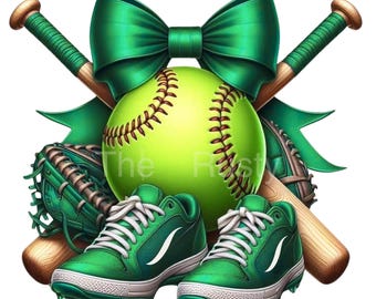 Softball Clipart with Bats, Glove, Cleats & Bow in Green, Girl Sports PNG, Softball Sublimation Design, Team Spirit Graphic