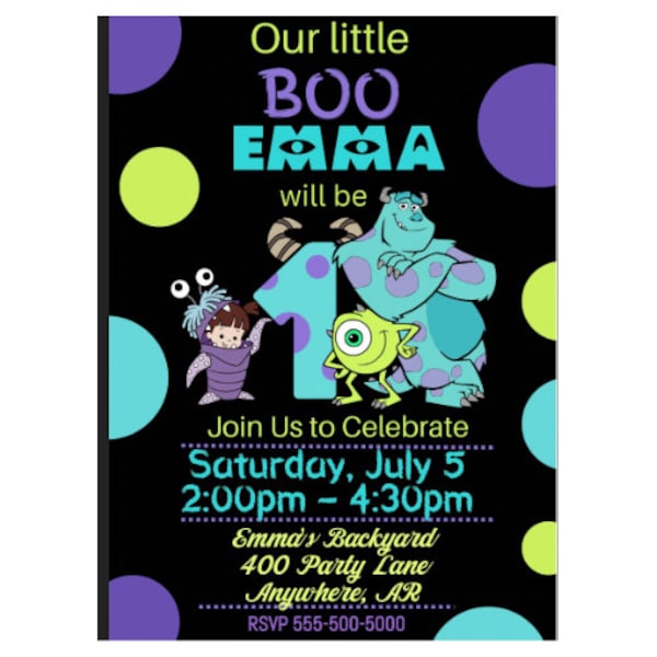 Цифровое приглашение Monsters and Boo на один год, редактируемое приглашение Monsters with Boo на 1 год, приглашение на первый день рождения Monsters, сделанное своими руками
