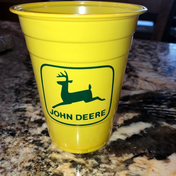 John Deer Tractor 16oz Solo Cups, J D logo on Yellow Cup, Disposable Cups for Farm Party, John D Stadium Cup