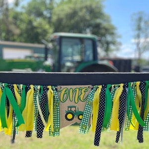John Deer Tractor High Chair Banner, Green Tractor Fabric Rag and Ribbon Table Garland, Farm Tractor First Birthday Smash Cake Photo Prop