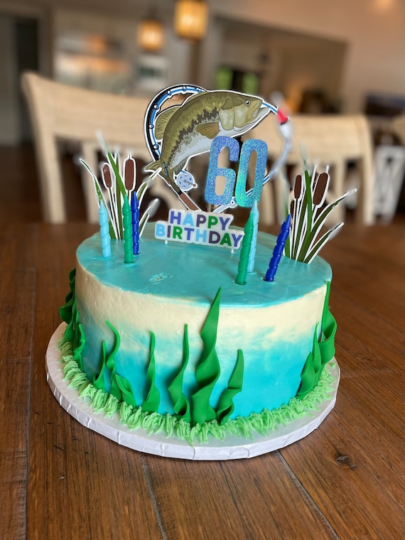 Fishing Birthday Cake Topper, Bass Fishing Cake Decor, Catching