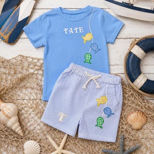 Personalized Embroidered Boys Fish Applique Outfit with Monogrammed Seersucker Shorts, Personalized Summer Outfit, Boys Nautical Short Set