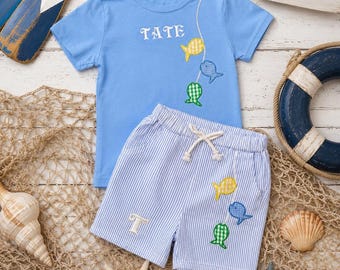 Personalized Embroidered Boys Fish Applique Outfit with Monogrammed Seersucker Shorts, Personalized Summer Outfit, Boys Nautical Short Set