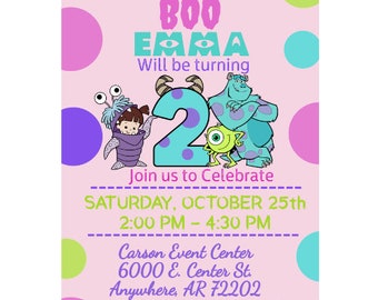 Invitación digital de Monstruos y Boo con lunares rosas para 2 años, invitación editable para fiesta de Monstruos Boo rosas, invitación DIY para chica monstruo