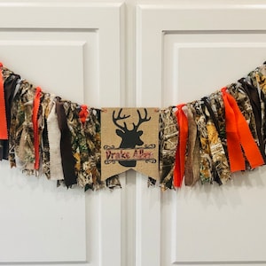 Camo Deer Rag and Ribbon Banner, Camo High Chair Decor, Realtree Camouflage Birthday Banner, Hunting Party Decor, One Year Camo Photo Prop