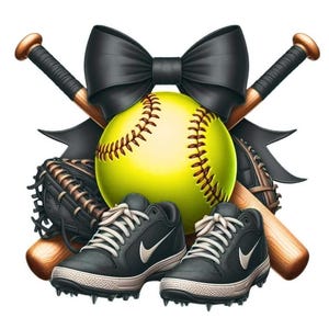 Softball Clipart with Bats, Glove, Cleats & Bow, Girl Sports PNG, Softball Sublimation Design, Team Spirit Graphic, Instant Download
