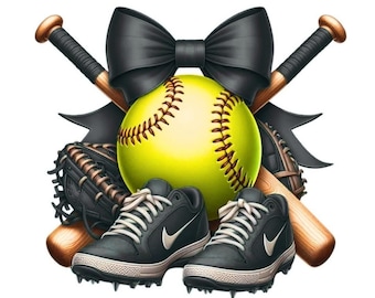 Softball Clipart with Bats, Glove, Cleats & Bow, Girl Sports PNG, Softball Sublimation Design, Team Spirit Graphic, Instant Download