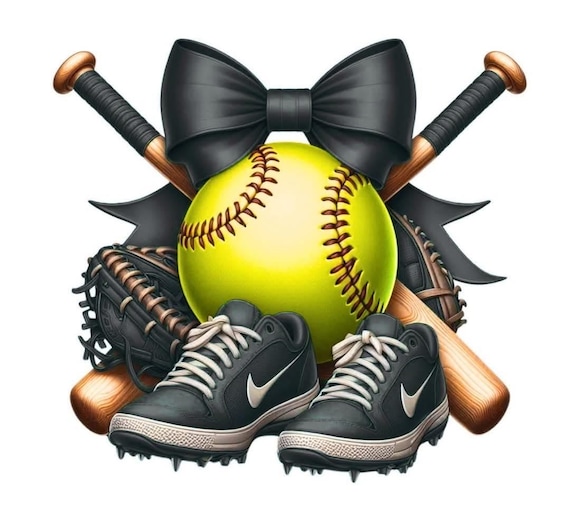 Softball Clipart with Bats, Glove, Cleats & Bow, Girl Sports PNG, Softball Sublimation Design, Team Spirit Graphic, Instant Download