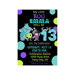 Convite de festa Monsters Boo Age 13, Convite de aniversário de 13 anos de Monsters, Convite de aniversário de Monsters e Boo