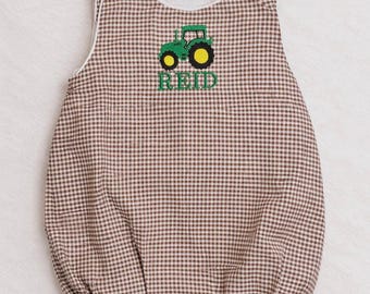 Personalized Tractor Baby Boy Bubble Romper, Brown Gingham Monogramed Jon Jon, Custom Plaid Farm Birthday Outfit, Country Baby Clothes,