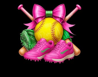 Softball Clipart with Bats Glove Cleats & Bow, Hot Pink and Green Girl Sports PNG, Softball Sublimation Design, Team Spirit Graphic Download
