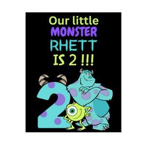 May include: A green and blue monster character with purple spots stands next to a large blue number 2 with purple spots. The text "Our little monster Rhett is 2!!!" is above the characters.