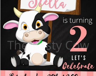 Pink Farm Cow Turning Two Invitation, Farm Girl Cow Invitation, Pink Gingham Moo Turning 2 Invitation, DIY Editable Farm Girl Cow Invitation