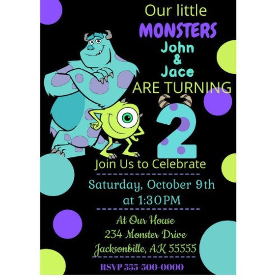 Monsters Twins 2 Year Birthday Invitation, Monster Birthday Invitation  Multiple Childrens Birthday, Monsters Black Ink Polka Dot Invitation - Etsy