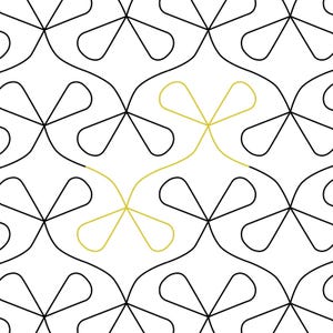 May include: A black and white geometric pattern with a yellow four-leaf clover shape in the center.