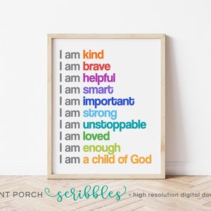 I am a Child of God, Positive Affirmations for Kids, Homeschooling Art, Motivational Poster, Positive Playroom, Inspirational Poster PS03