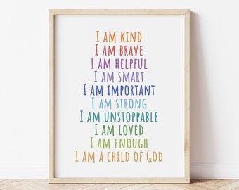 I am a Child of God, Positive Affirmations for Kids, Kids Motivational Poster, Positive Playroom Decor, Playroom Printables, Christian Art