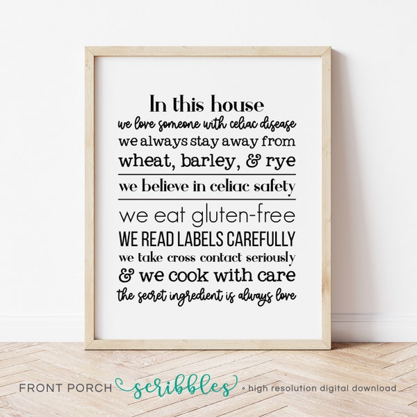Gluten Free Printables, Celiac Poster, Gluten Free poster, Celiac Disease Awareness, Kitchen Prints, Kitchen Safety, Gluten-free, Celiac