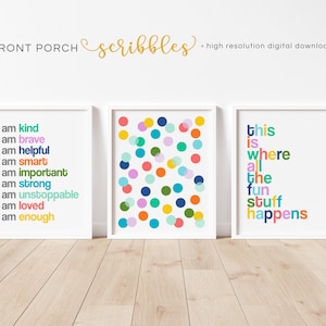 Affermazioni positive Playroom Trio, questo è dove le cose divertenti accadono, stampa motivazionale, arredamento aula positivo, sala giochi, Homeschool