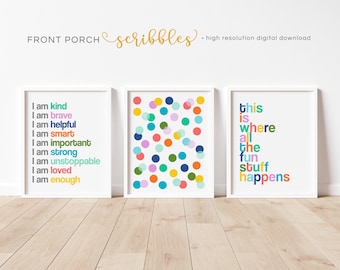 Positive Affirmationen Playroom Trio, Hier ist, wo die lustigen Sachen passieren, motivierender Druck, positives Klassenzimmer Dekor, Spielzimmer, Homeschool