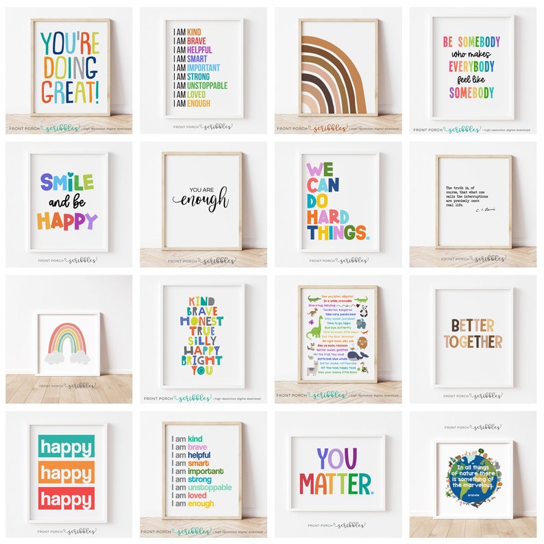 Peut inclure: Un collage de 12 designs d'art mural imprimables avec des messages positifs et des illustrations. Les designs pr&eacute;sentent un arc-en-ciel, une arche d'arc-en-ciel, un c&oelig;ur et divers designs &agrave; base de texte avec des messages tels que "You're doing great!" et "You matter."