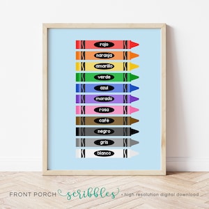 Póster de crayones de colores en español, decoración colorida para el aula, póster en español, decoración escolar, póster de clase, clase de español, crayones, impresión colorida