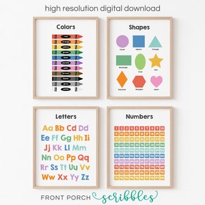 Paquete de aprendizaje elemental: póster de arte para el aula imprimible: colores, formas, números, letras, alfabeto, preescolar, jardín de infantes, educación en el hogar